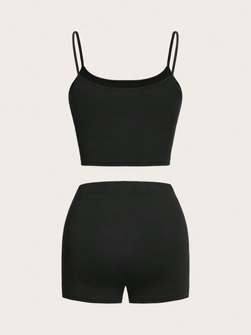 Summer,Festival,Love Heart Design Sexy Spaghetti Strap With Shorts Tight-Fit Women Two-Piece Set