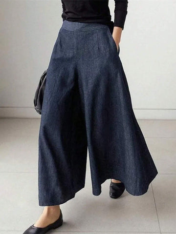 Essnce Summer Casual Blue Wide-Legged Women Pants With Metal Chain