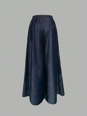 Essnce Summer Casual Blue Wide-Legged Women Pants With Metal Chain