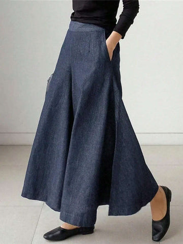 Essnce Summer Casual Blue Wide-Legged Women Pants With Metal Chain