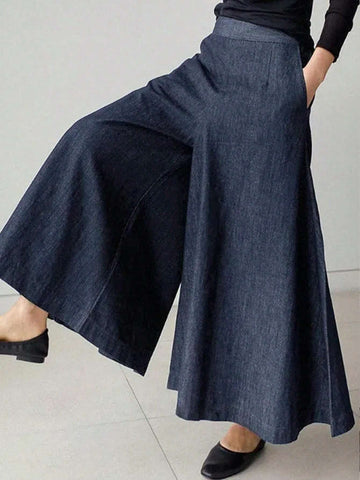 Essnce Summer Casual Blue Wide-Legged Women Pants With Metal Chain
