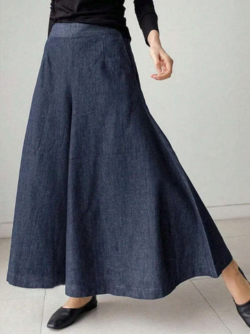 Essnce Summer Casual Blue Wide-Legged Women Pants With Metal Chain