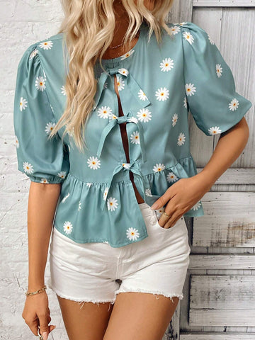 Essnce Summer Casual Daisy Printed Puff Sleeve Lace-Up Hollow Out Shirt