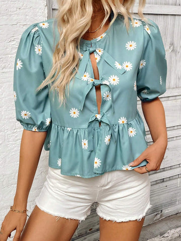 Essnce Summer Casual Daisy Printed Puff Sleeve Lace-Up Hollow Out Shirt