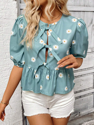 Essnce Summer Casual Daisy Printed Puff Sleeve Lace-Up Hollow Out Shirt