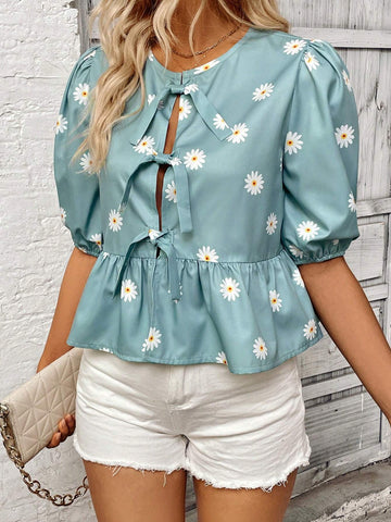 Essnce Summer Casual Daisy Printed Puff Sleeve Lace-Up Hollow Out Shirt