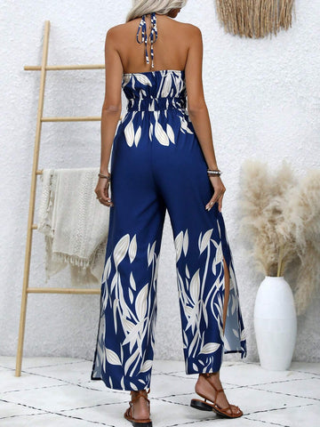 Summer Casual Floral Print Halter Neck Jumpsuit For Vacation