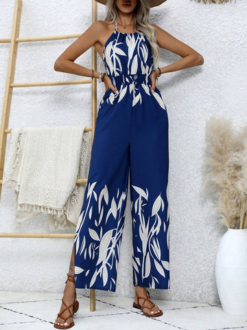 Summer Casual Floral Print Halter Neck Jumpsuit For Vacation