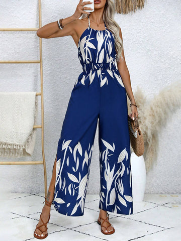 Summer Casual Floral Print Halter Neck Jumpsuit For Vacation