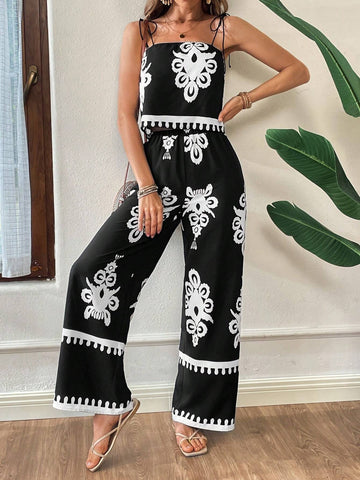 Summer Casual Holiday Printed Camisole And Wide-Leg Pants Two-Piece Set