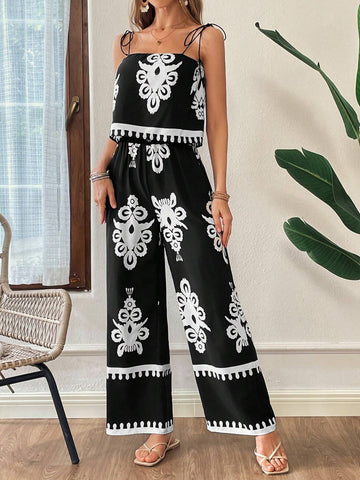 Summer Casual Holiday Printed Camisole And Wide-Leg Pants Two-Piece Set