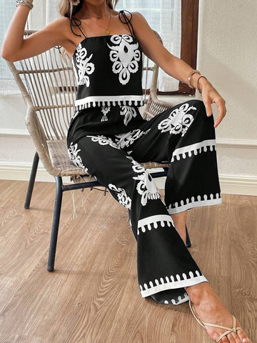 Summer Casual Holiday Printed Camisole And Wide-Leg Pants Two-Piece Set