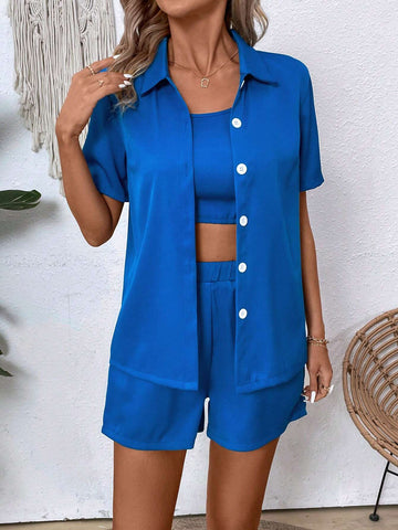 Summer Casual Solid Color Cropped Cami Top With Button-Front Short Sleeve Shirt And Shorts