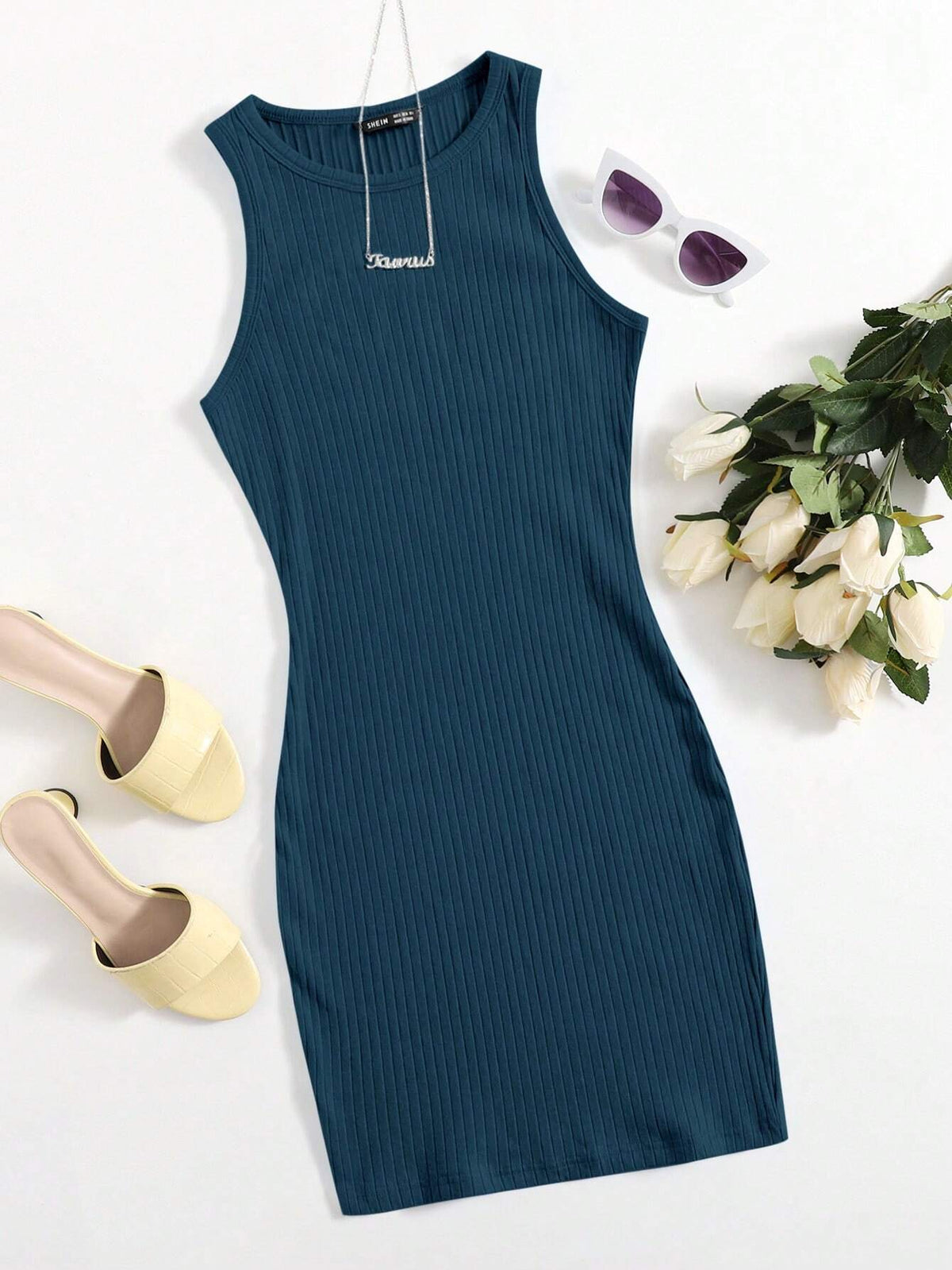 Summer Casual Solid Color Ribbed Knit Slim Fit Sleeveless Dress