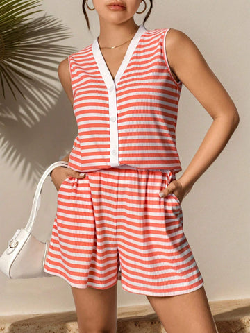 Summer Casual Striped Color Block Button Front Sleeveless Top And Shorts Set