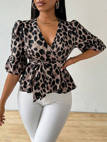 Essnce Summer Design Leopard Print Tie Waist V-Neck Sexy Shirt