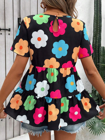 Essnce Summer Floral Print Ruffle Hem Short Sleeve Shirt