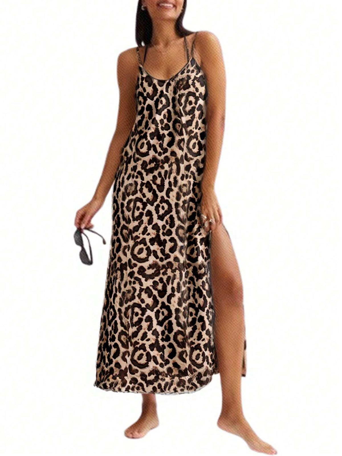Summer Leopard Print Spaghetti Strap A-Line Maxi Dress With Slit, Casual & Vacation