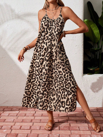 Summer Leopard Print Spaghetti Strap A-Line Maxi Dress With Slit, Casual & Vacation