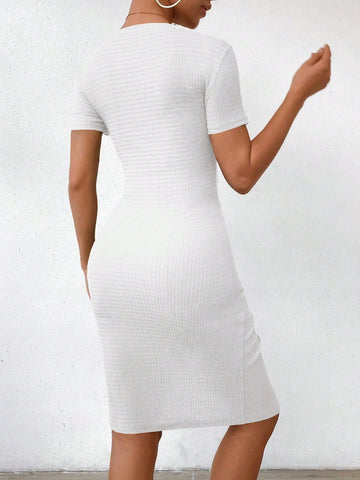 Summer Round Neck Solid Color Drawstring Pleated Bodycon Short Sleeve Dress