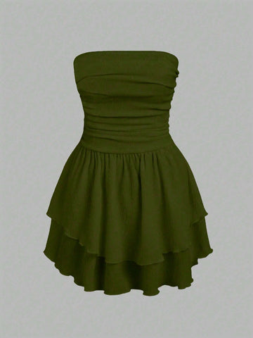 Summer Solid Color Ruched Ruffled Strapless Dress