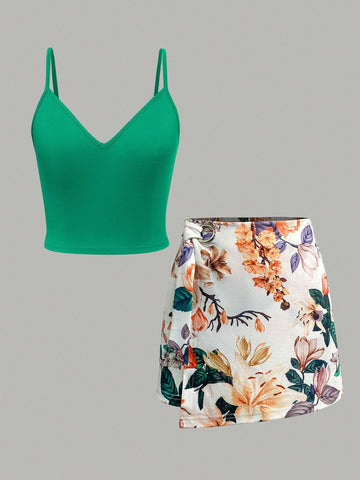 Summer Solid Color Slim Fit Cami Top With Flower Print Wrap Mini Skirt Set