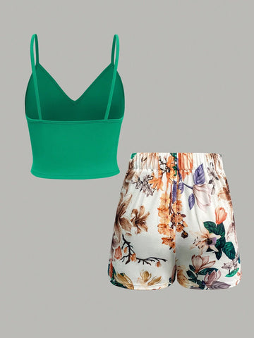 Summer Solid Color Slim Fit Cami Top With Flower Print Wrap Mini Skirt Set