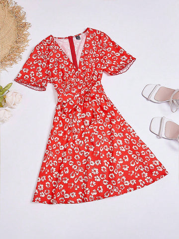 Summer Vacation Women Ditsy Floral Deep V-Neck Dress