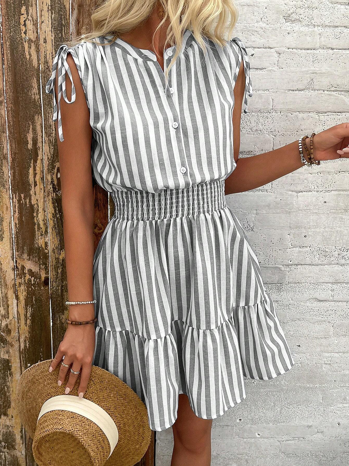 Summer Women's Cotton Blue & White Striped Shirred Shoulder Bow Tie Waist Cinched Waist