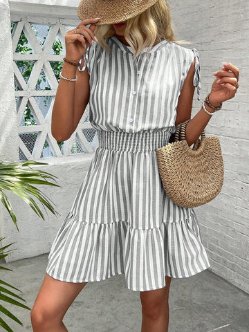 Summer Women's Cotton Blue & White Striped Shirred Shoulder Bow Tie Waist Cinched Waist
