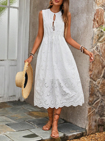 Sweet Style Bowknot Front Tie White Cotton Embroidered A-Line Summer Dre