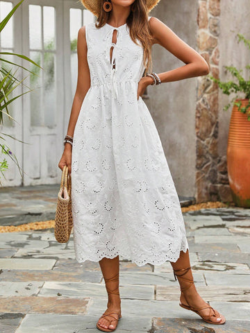 Sweet Style Bowknot Front Tie White Cotton Embroidered A-Line Summer Dre