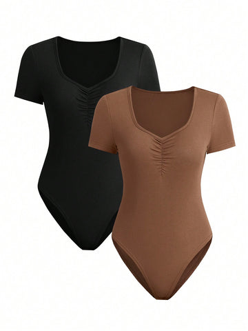 Sweetheart Neckline Ruched Short Sleeve Bodysuit