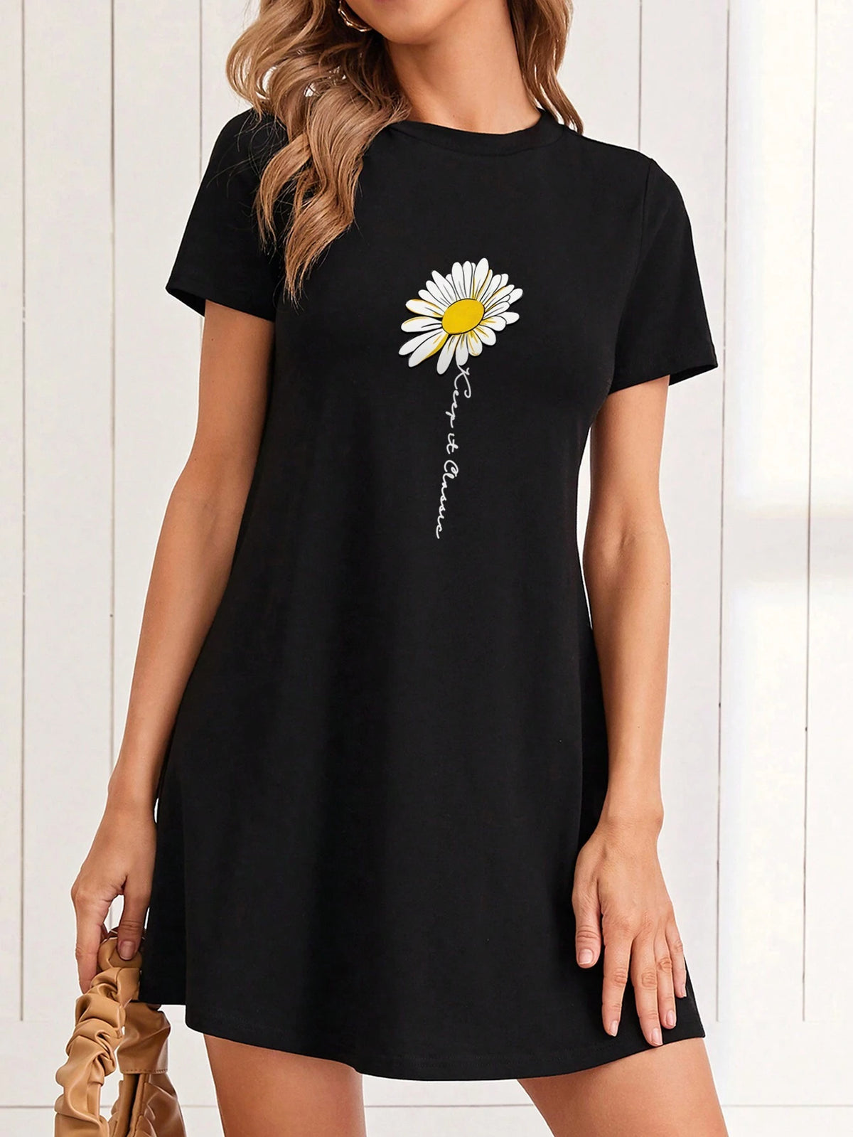 T Shirt Dress,Women's Summer Casual Loose Fit Short Floral Dress With Daisy Print And Short Slee