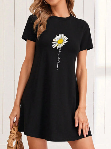 T Shirt Dress,Women's Summer Casual Loose Fit Short Floral Dress With Daisy Print And Short Slee