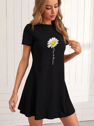 T Shirt Dress,Women's Summer Casual Loose Fit Short Floral Dress With Daisy Print And Short Slee