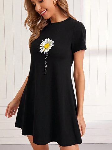 T Shirt Dress,Women's Summer Casual Loose Fit Short Floral Dress With Daisy Print And Short Slee