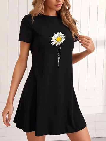 T Shirt Dress,Women's Summer Casual Loose Fit Short Floral Dress With Daisy Print And Short Slee