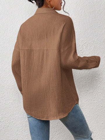 Essnce Textured Button-Up Casual Shirt With Pockets, Autumn
