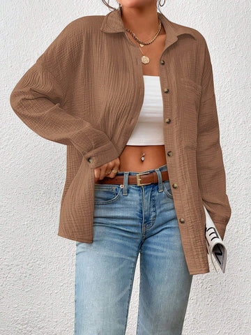 Essnce Textured Button-Up Casual Shirt With Pockets, Autumn