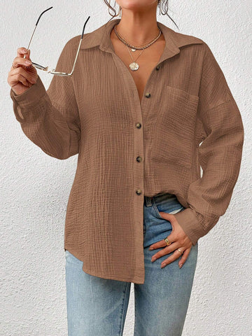 Essnce Textured Button-Up Casual Shirt With Pockets, Autumn