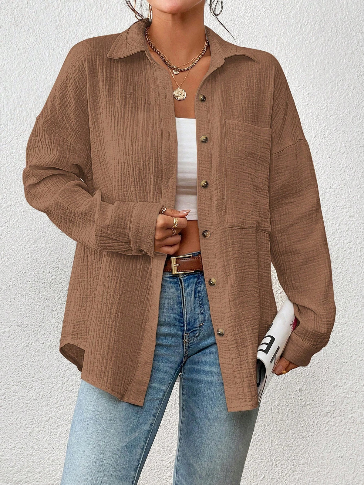 Essnce Textured Button-Up Casual Shirt With Pockets, Autumn