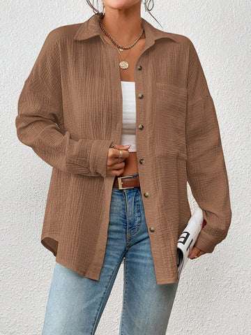 Essnce Textured Button-Up Casual Shirt With Pockets, Autumn