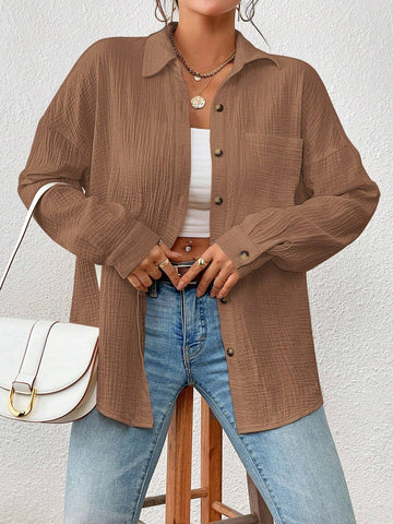 Essnce Textured Button-Up Casual Shirt With Pockets, Autumn