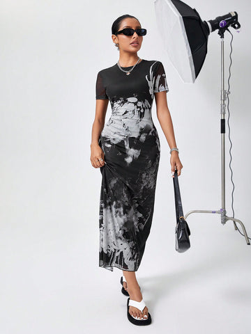 Tie-Dye Mesh Dress
