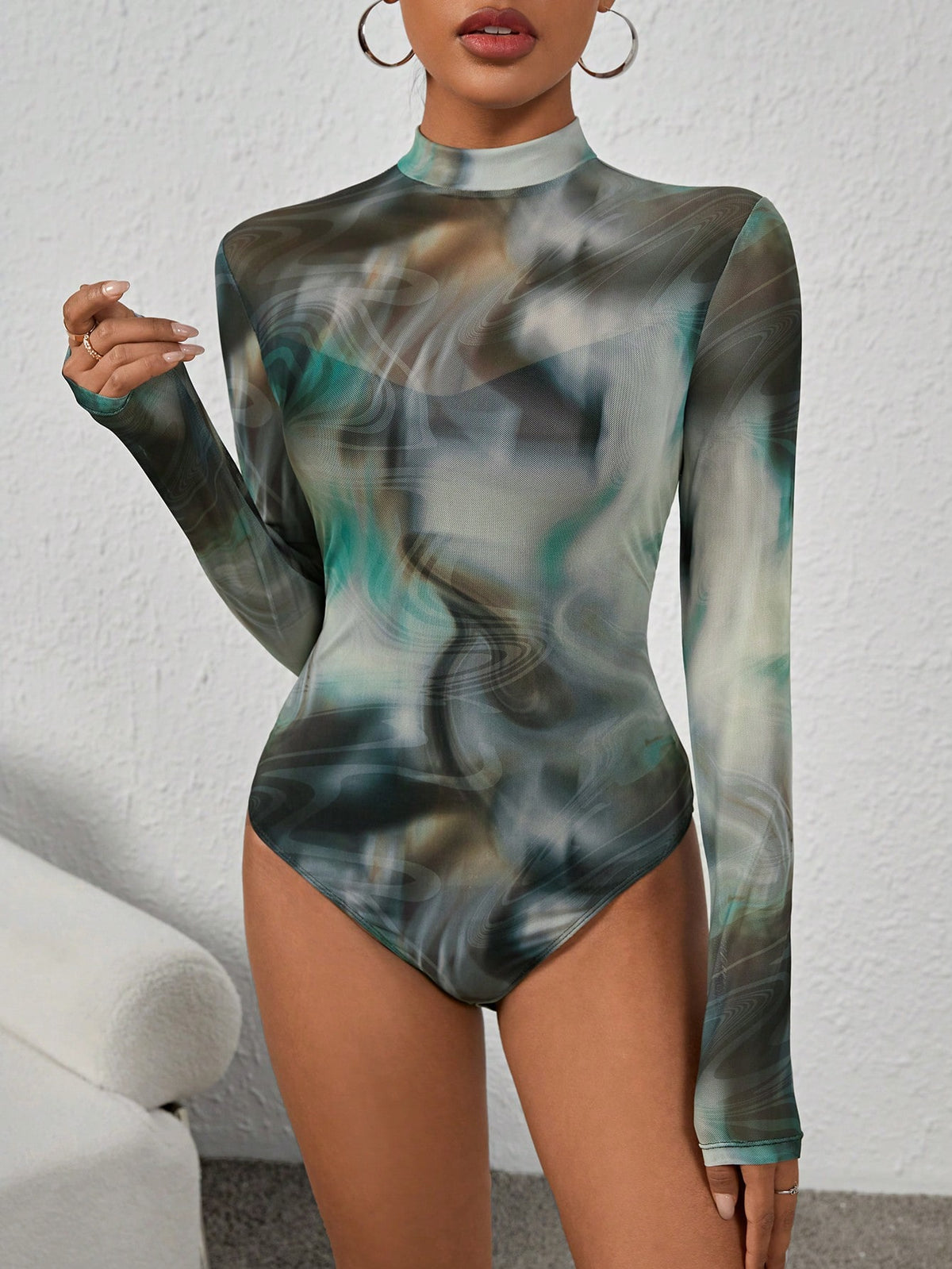 Marble Print Mock Neck Mesh Bodysuit