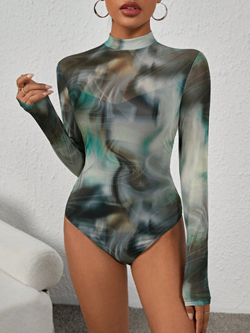 Marble Print Mock Neck Mesh Bodysuit