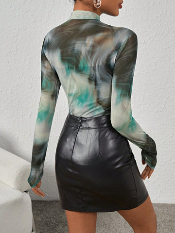 Marble Print Mock Neck Mesh Bodysuit