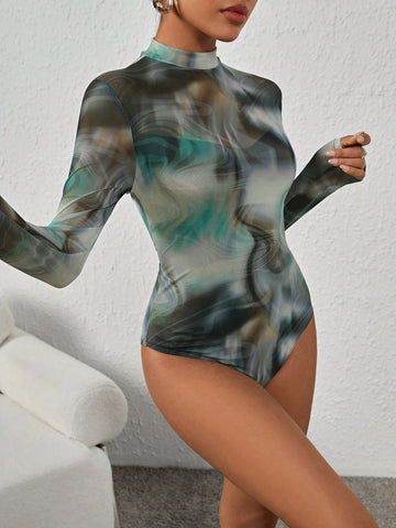 Marble Print Mock Neck Mesh Bodysuit