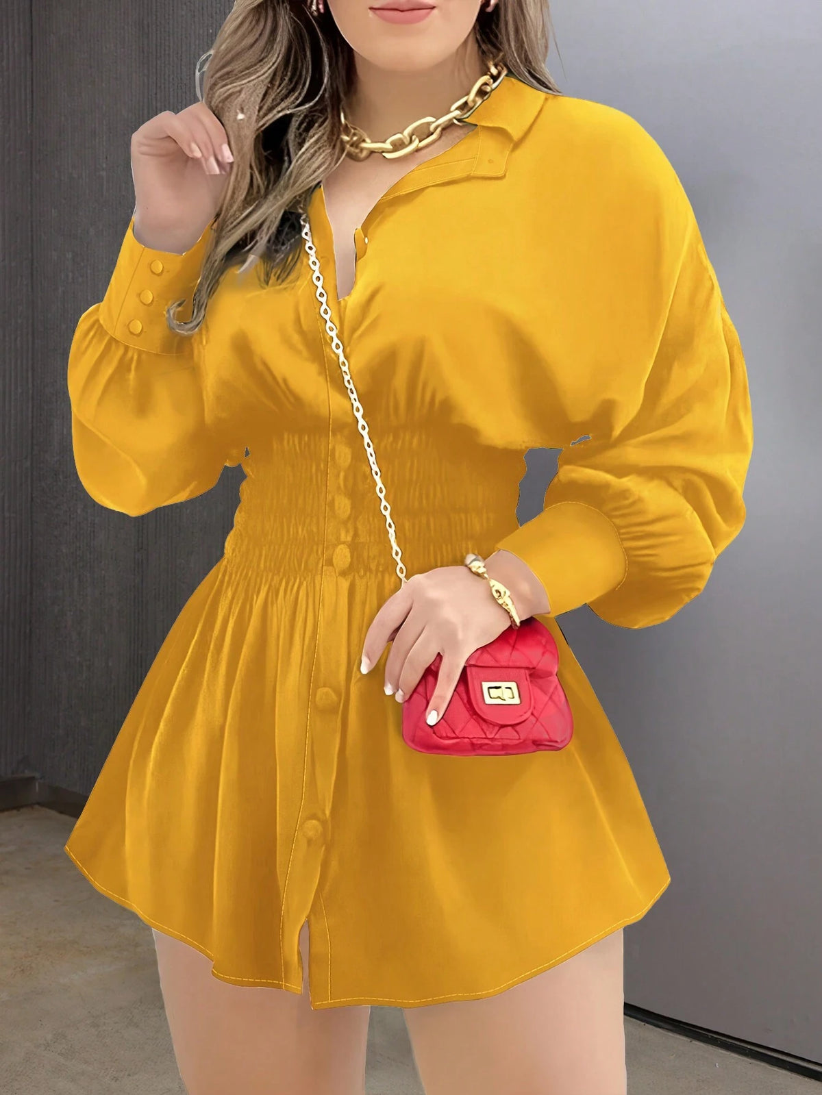 Essnce Trending Yellow Color Turn-Down Collar Button Lantern Sleeve Shirts Fall Women Clothes